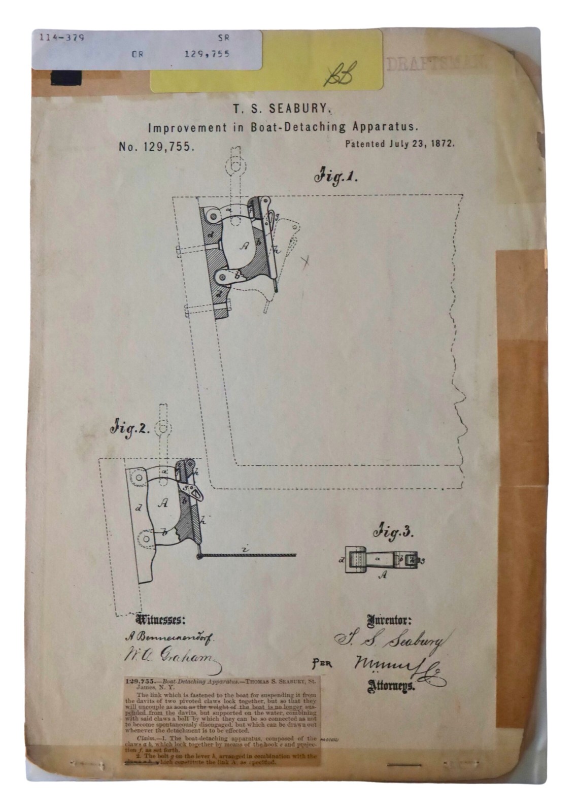 Original T. S. Seabury Boat Detaching Apparatus Patent Drawing 1872