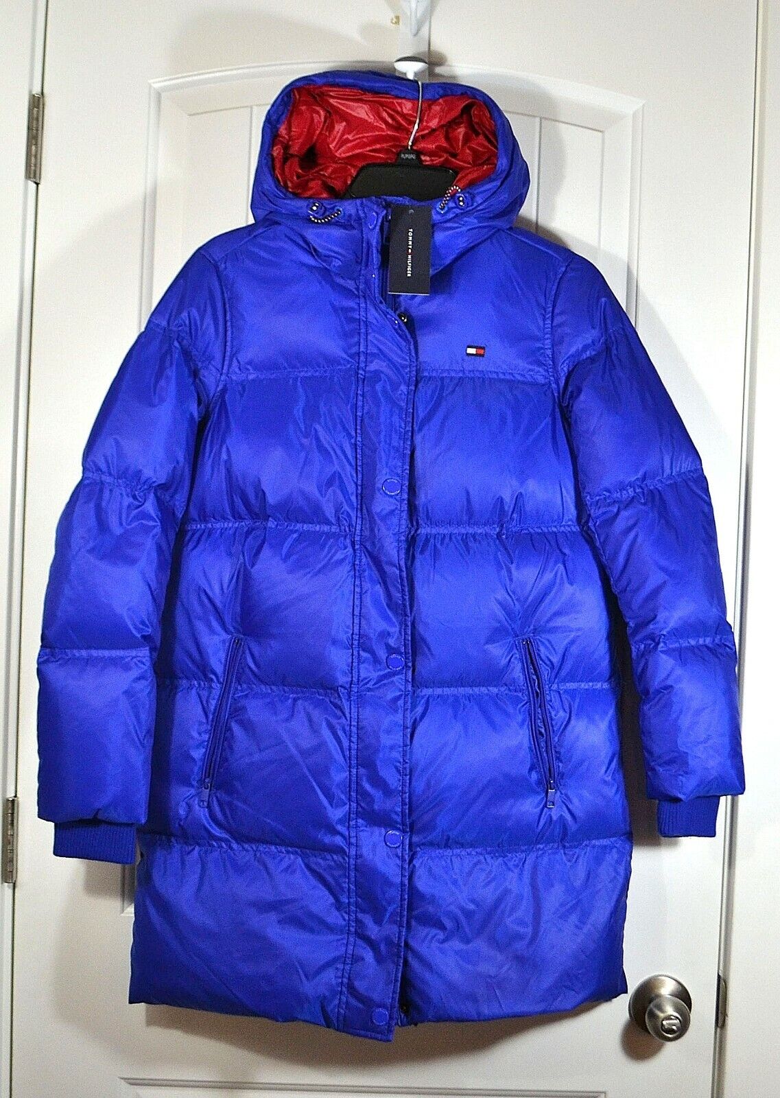 NWT WOMENS TOMMY HILFIGER BLUE HOODED DOWN LONG PADDED JACKE