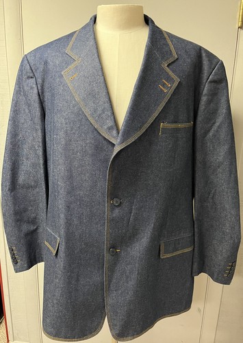 Mens DENIM BLUE JEAN Blazer Suit Jacket Size 52L Sport Coat Orange-Stitching EUC