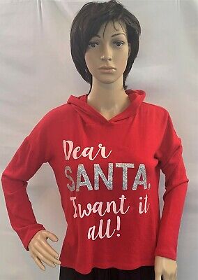 IT'S OUR TIME red knit long sleeve hooded DEAR SANTA,I WANT IT ALL! top,L 14
