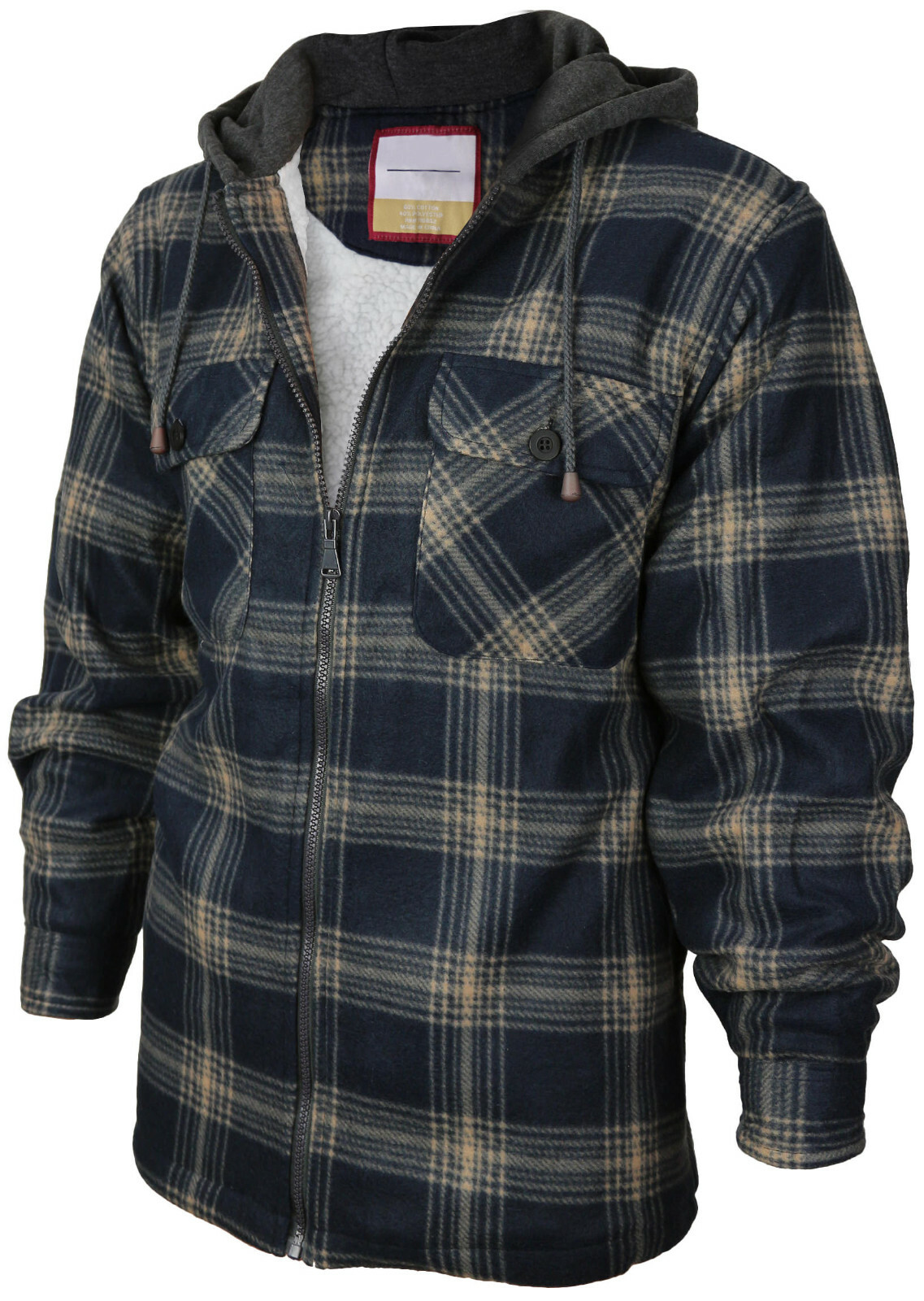 Men's Heavy Fleece Lined Sherpa Hoodie Plaid Flannel Jacket With Hood ...