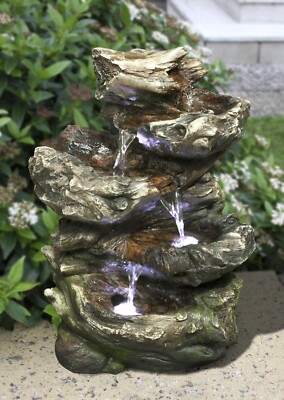 14 in H In/Outdoor Fountain-Log Waterfall 4 Level LED Home/Garden/Tabletop Decor