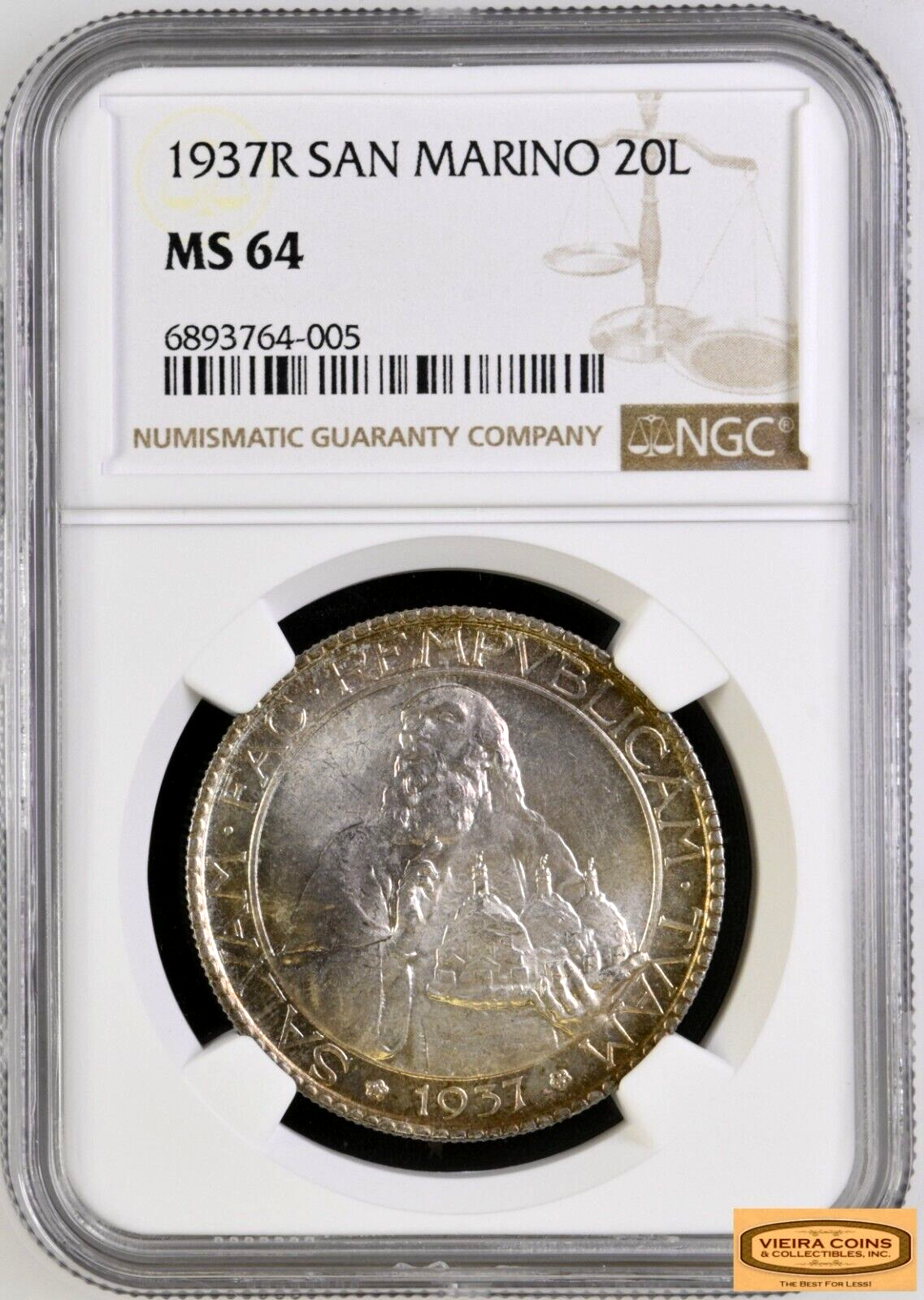 1937-R San Marino Silver 20 Lire, NGC MS64, Mintage of 5,100 coins-#B36274