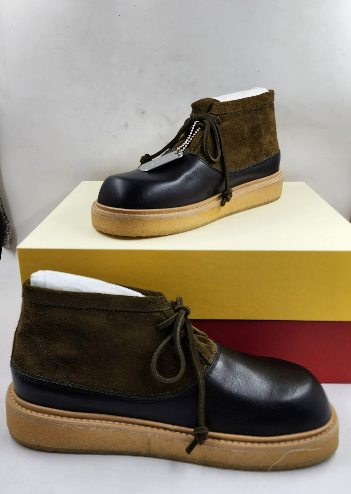 Marni Logo-Tag Leather Ankle Boots Men's 41/8US Black/Olive Round Toe Colorblock - Picture 3 of 16