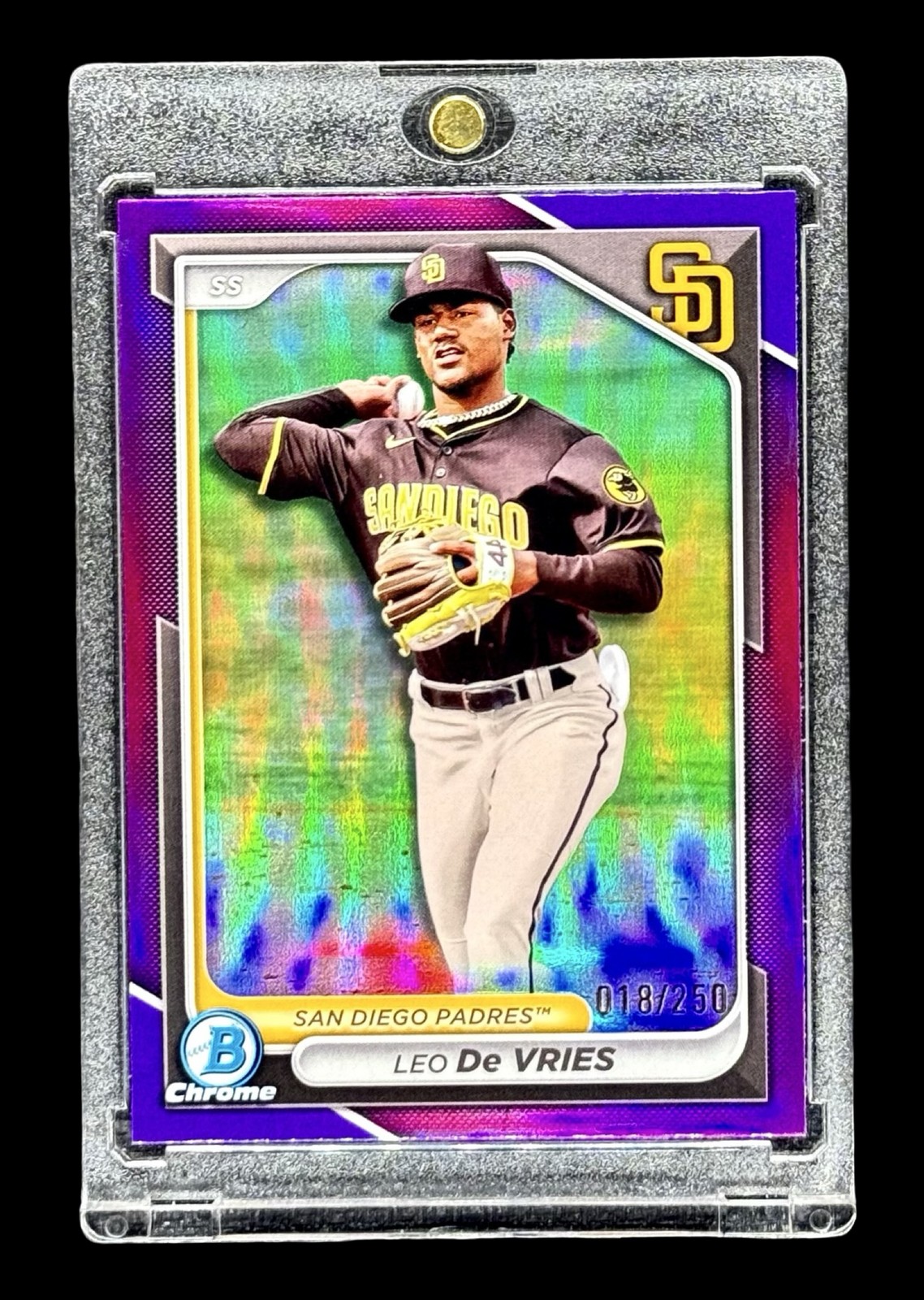 Leo De Vries PURPLE REFRACTOR #/250 CHROME PROSPECT CARD RARE PADRES SS + HOLDE
