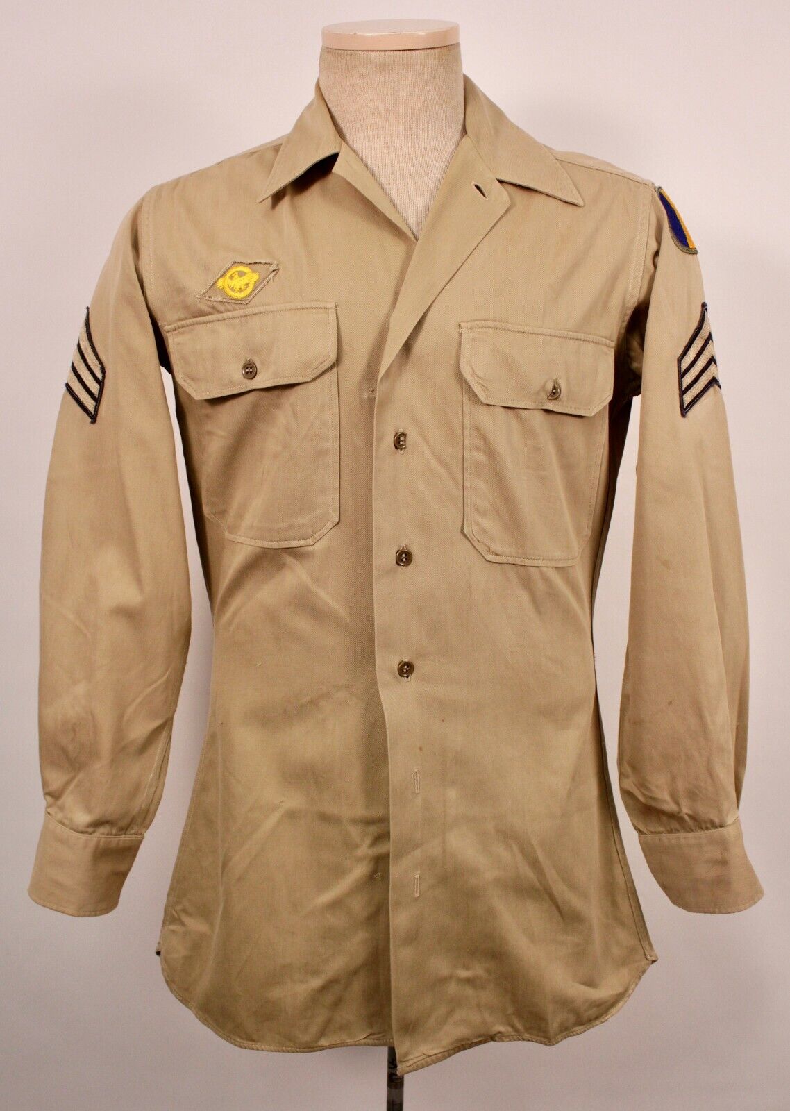 VTG 1940s WW2 US Army Khaki Cotton Uniform Shirt W Patches VTG 1940s WW2 US Army Khaki Cotton Uniform Shirt W Patches