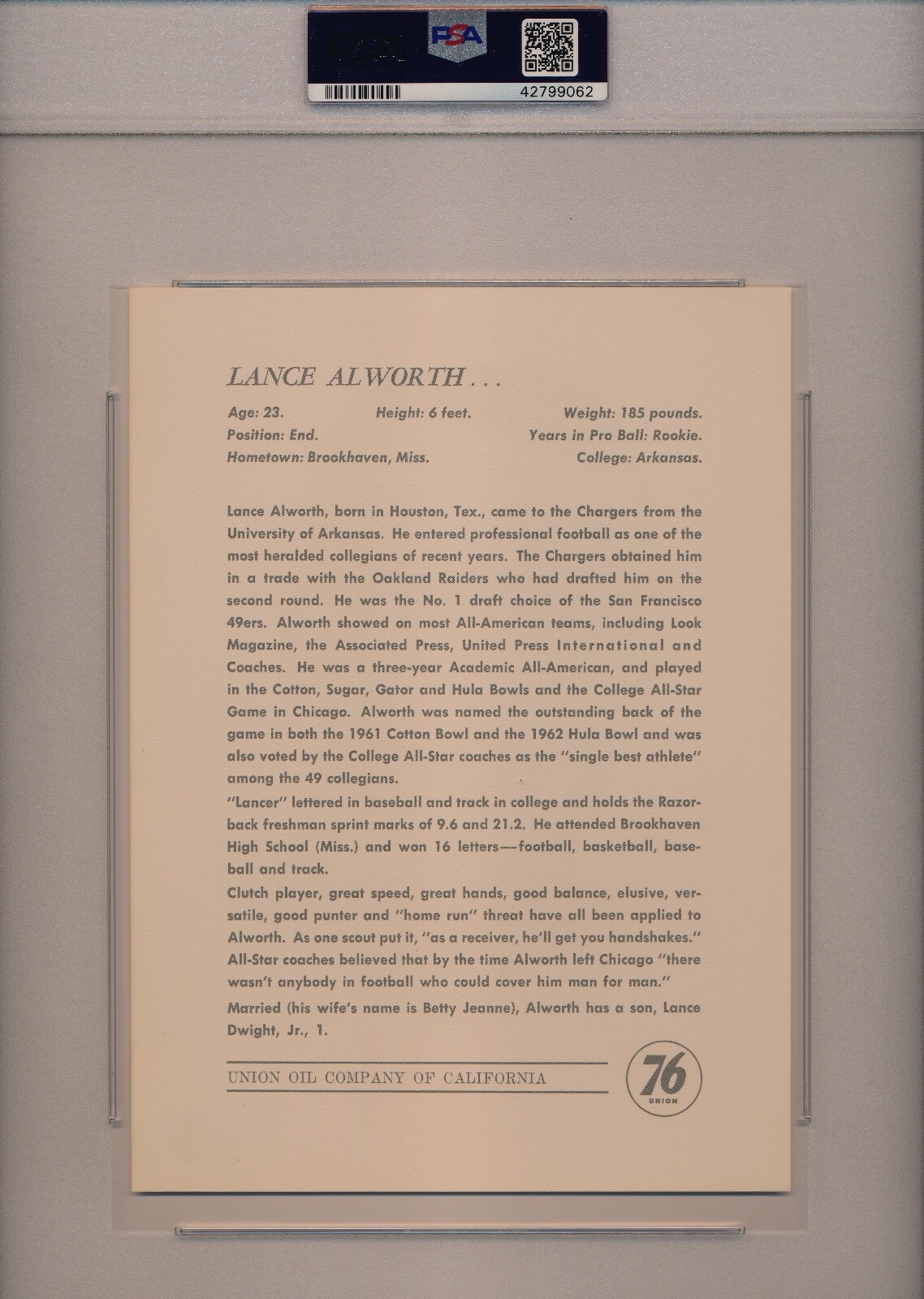 1962 Chargers Union Oil Lance Alworth PSA 9 MINT rare HOF Chargers Cowboys