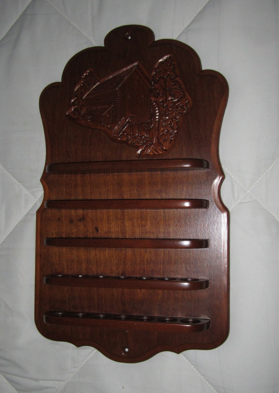 Carved Wood 35 Thumb Thimble Wall Rack Holder Display Etched Water Mill Scene