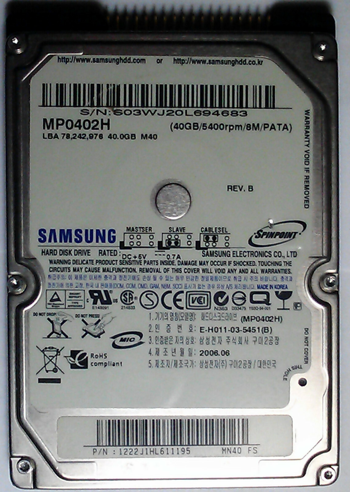Samsung IDE 40GB 2.5 inch Laptop Hard Drive Tested Good