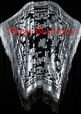 Pre-owned Maya Matazaro Silver Gray Caftan Duster Fringe Jacket Kimono Burnout Velvet