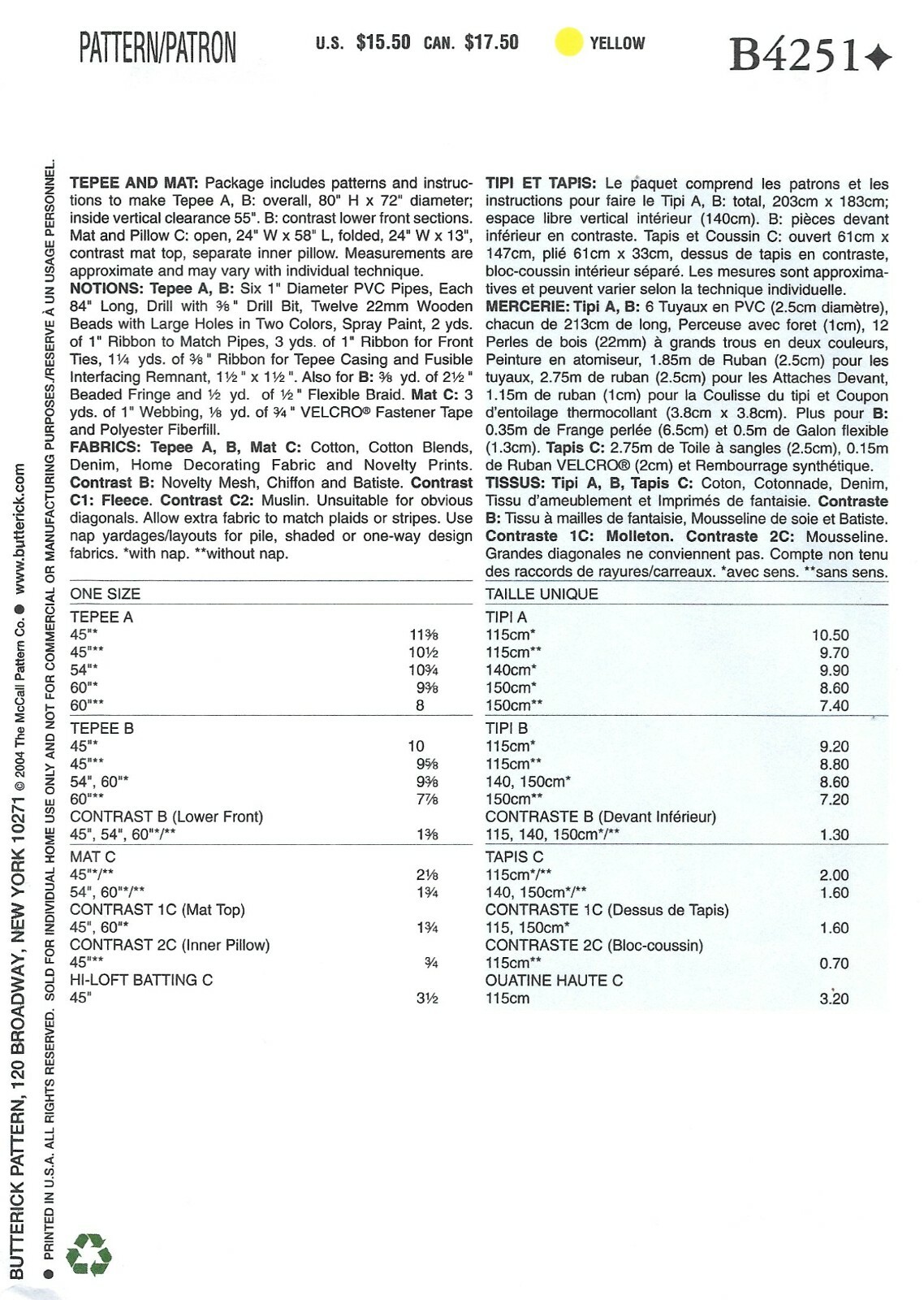 Butterick B4251 Child's Indoor Tent & Cushion Mat Sewing Pattern, Tepee Style