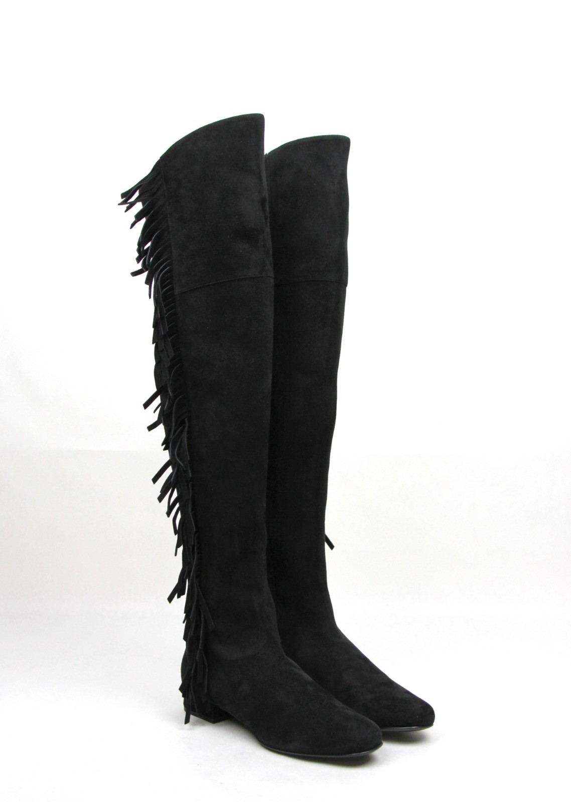 Pre-owned Saint Laurent Woman's Black Suede Over The Knee Fringed Boots 438270 1000