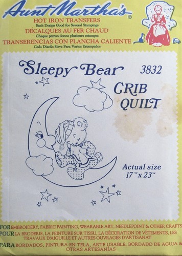 VTG Aunt Marthas 3832 Sleepy Bear Baby Crib Quilt Embroidery Transfer Pattern FF