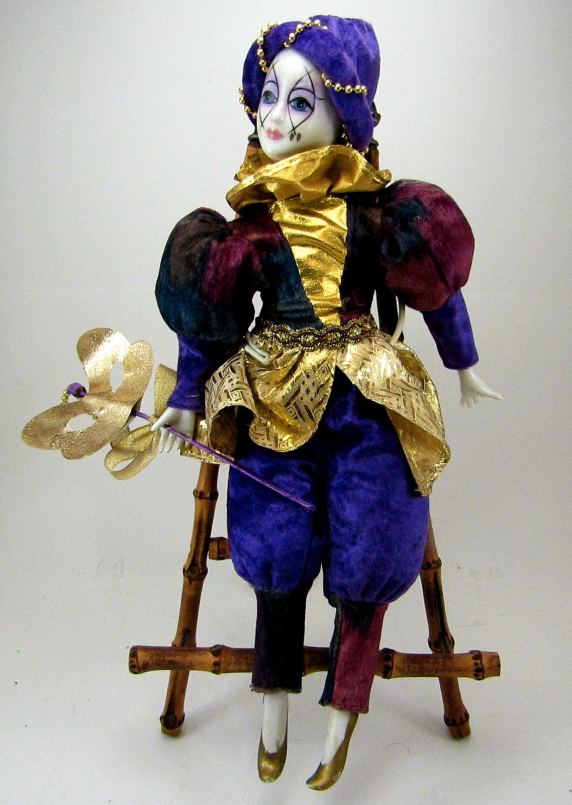 Vintage 50s Venetian Porcelain Doll Velvet Costume Gold Trim Mask Music Box 16
