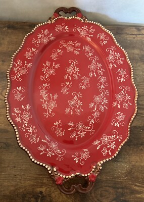 Temp-tations Presentable Ovenware Floral Lace Red Pattern Retired 18 X 12 EUC