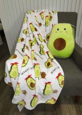 Envogue Throw Blanket Soft Plush Fleece White Green Avocados & Squish Pillow NWT