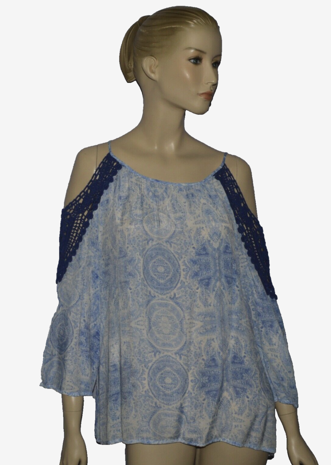 FRED DAVID SIZE XL X LARGE BLUE CROCHET COLD SHOULDER BLOUSE FRED DAVID SIZE XL X LARGE BLUE CROCHET COLD SHOULDER BLOUSE