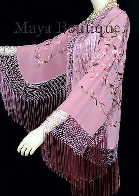 Pre-owned Maya Matazaro Embroidered Silk Fringe Jacket Kimono Strawberry Ice Multi Birds Flower Maya