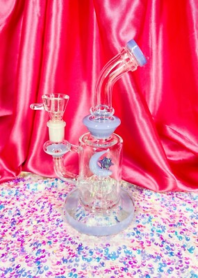 Purple Crescent Moon & Star 8in Glass Water Pipe Hookah Glass Pipe Bong Rig