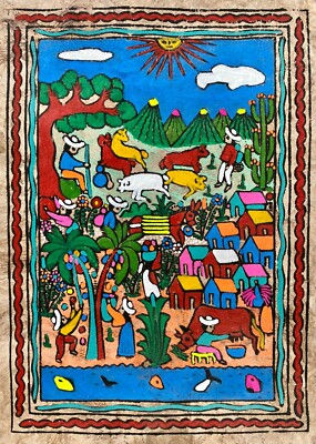 11 1/2 X 16'' Mexican Folk Art Amate Bark Bird Cactus Flower Painting Aztec 