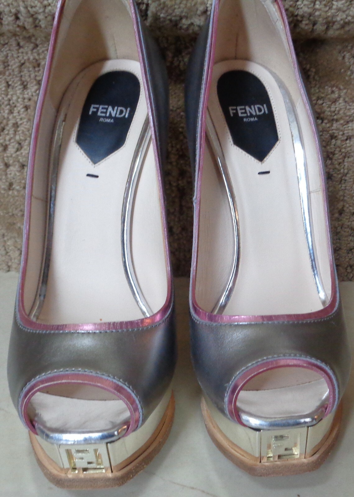 FAB! NEW NWT FENDI $1050 Logo FF Platform Open Toe Shoes Metallic silver 37 1/2