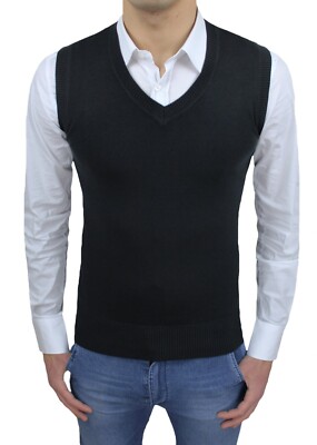 GILET SMANICATO UOMO NERO SLIM FIT ADERENTE CASUAL CARDIGAN PANCIOTTO CORPETTO