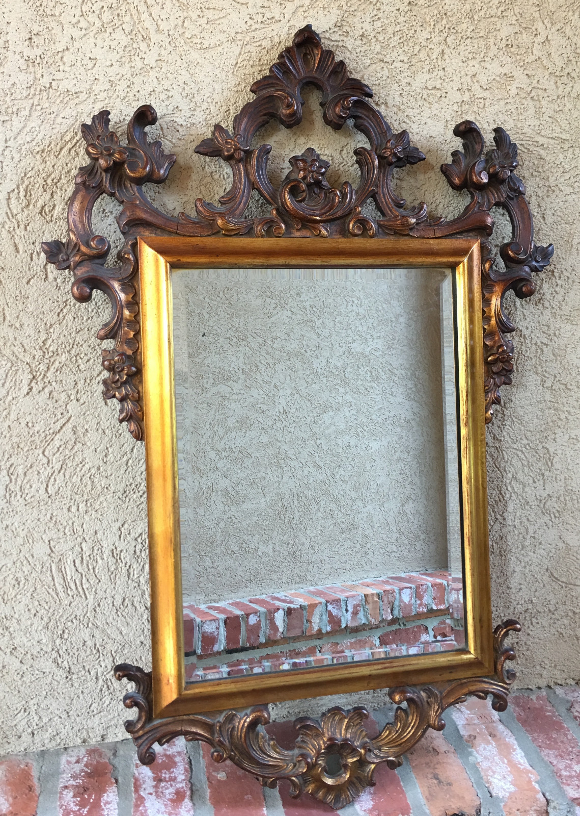Antique French Carved Oak GOLD GILT Frame Beveled Wall Mirror Louis XV