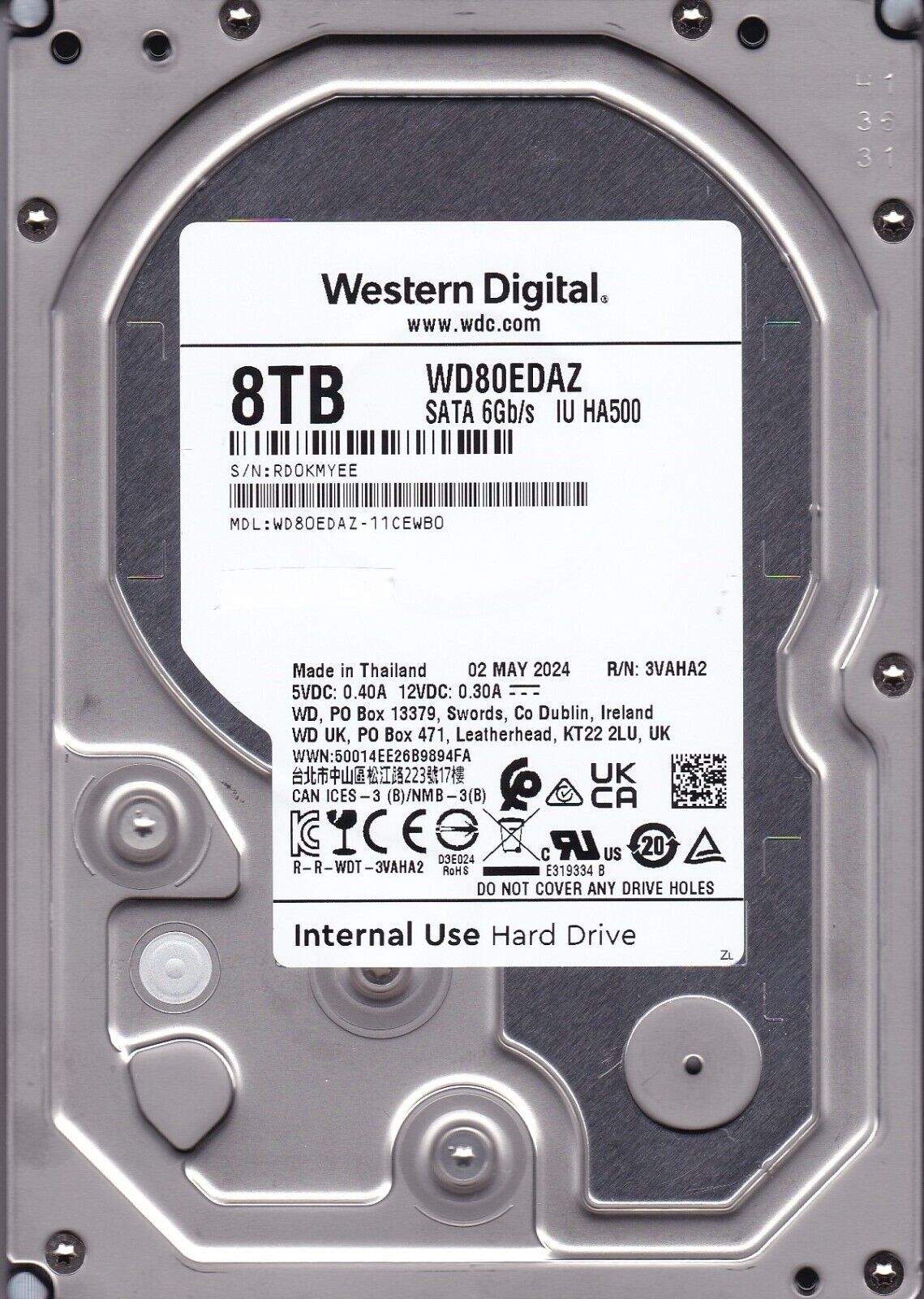 WD80EDAZ-11CEWB0 WESTERN DIGITAL s/n: RD0K R/N: 3VAHA2 MAY / 2024 8TB SATA 3.5 WD80EDAZ-11CEWB0 WESTERN DIGITAL s/n: RD0K R/N: 3VAHA2 MAY / 2024 8TB SATA 3.5