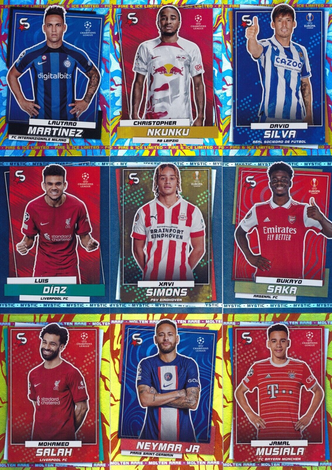 Topps 2022-23 UEFA Superstars Fire & Ice, Mystic, Molten Topps 2022-23 UEFA Superstars Fire & Ice, Mystic, Molten