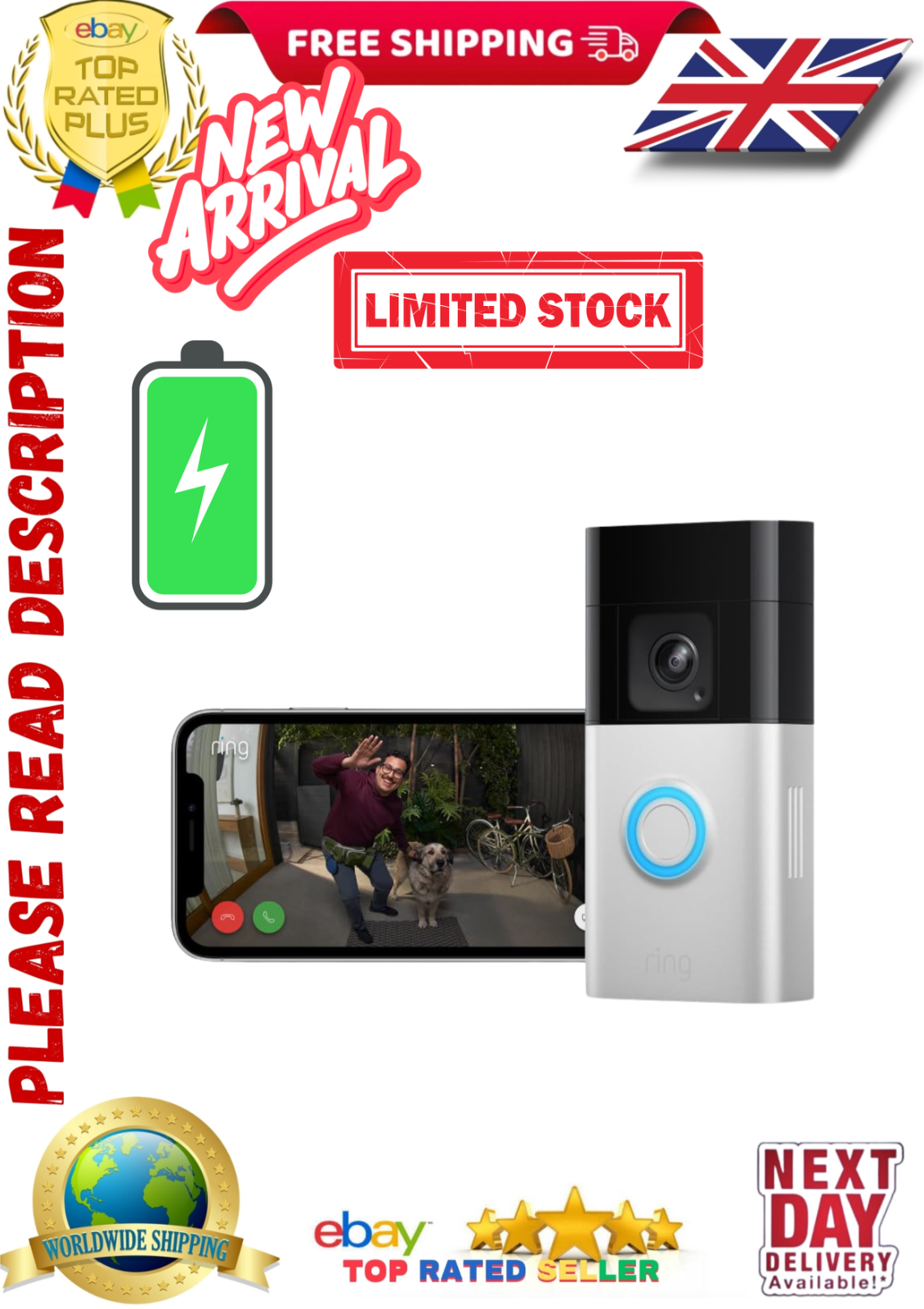 Ring Battery Video Doorbell Plus - Wireless Doorbell Camera 1536p - Night Vision
