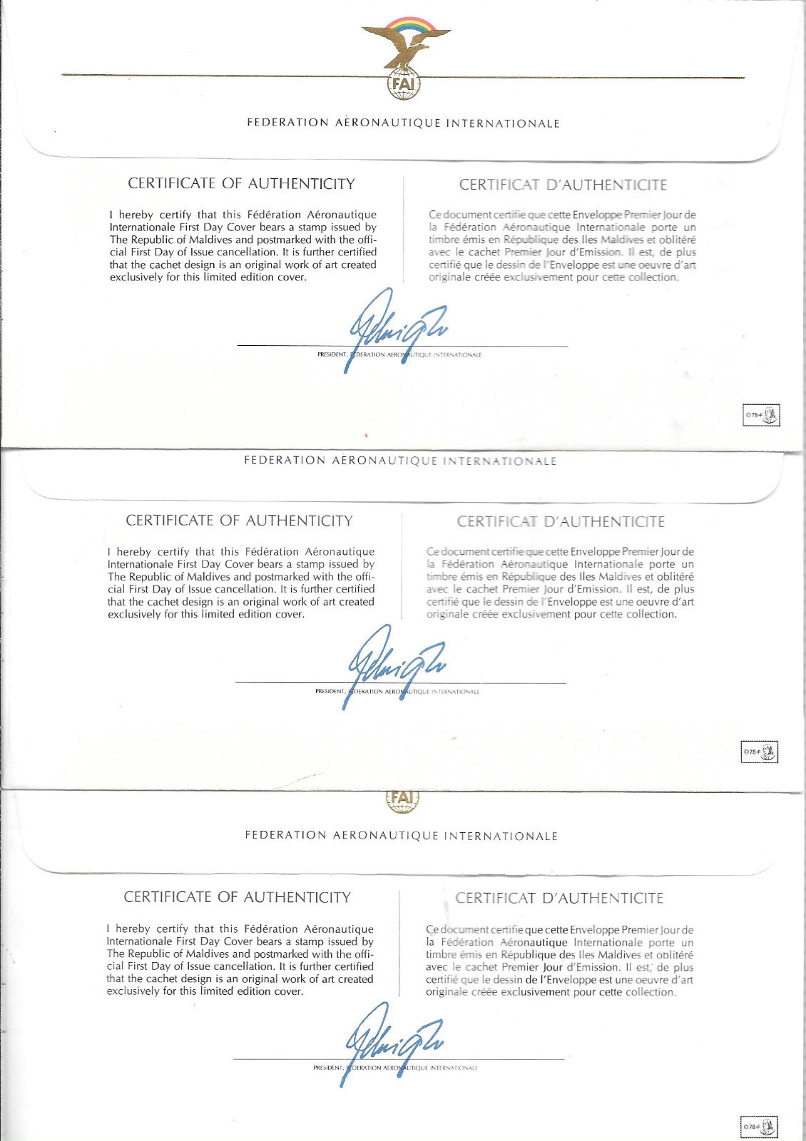 REPUBLIC OF MALDIVES ; HISTORY OF AVIATION, No. 719-727 (9) FDC ON 3 COVERS