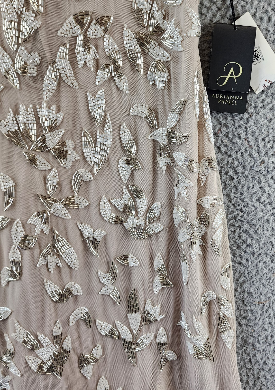 Adrianna Papell Beaded Godet Gown Women's 10 Beige V-Neck Hook & Eye Closure S/S - Picture 11 of 24