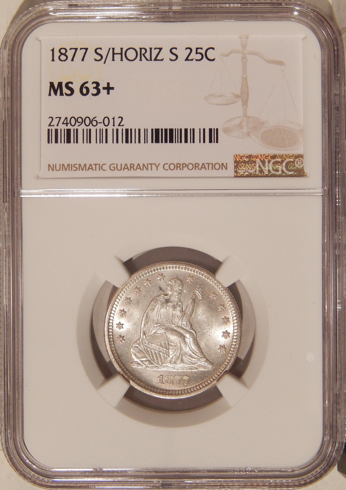 1877-S/HORIZ S 25c NGC MS-63+ ~ FROSTY WHITE SEATED LIBERTY QUARTER VARIETY