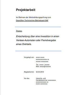 TBW Note 1 Geprüfter Technischer Betriebswirt IHK Projektarbeit 94 Punkte