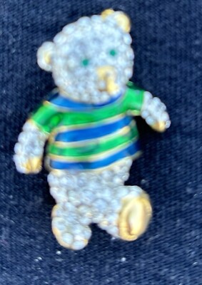 Vintage Blue/Green Enamel, White Rhinestone Teddy Bear Brooch, Gold Tone Accents