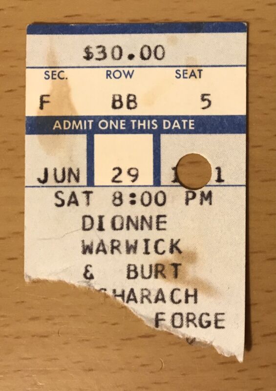 1991 DIONNE WARWICK / BURT BACHARACH VALLEY FORGE MUSIC FAIR CONCERT TICKET STUB