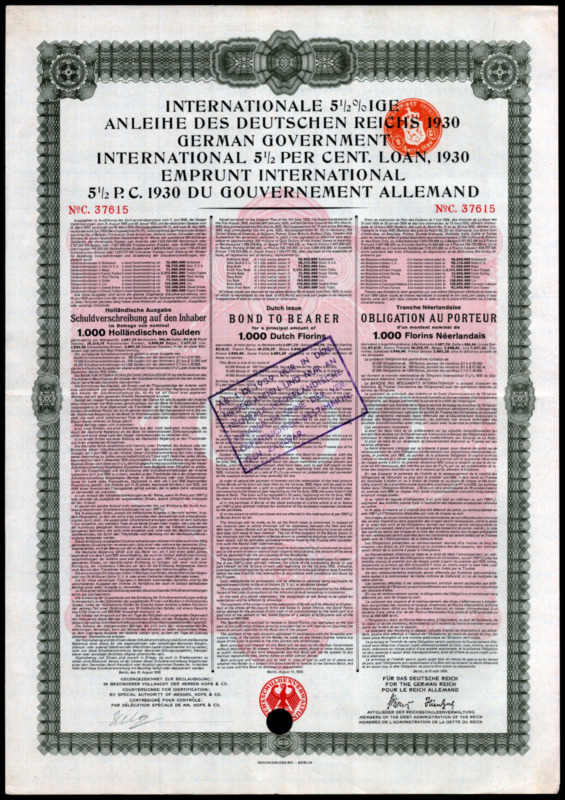 1930 German 1000 Dutch Gulden WWI Reparations International Loan 