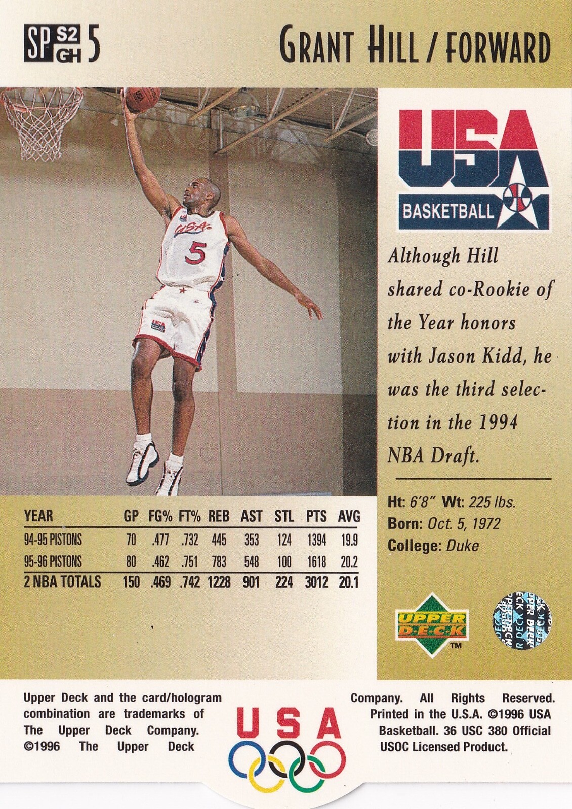 1996 Upper Deck USA Basketball Gold GRANT HILL #SP S2 GH 5 Team Medal RC