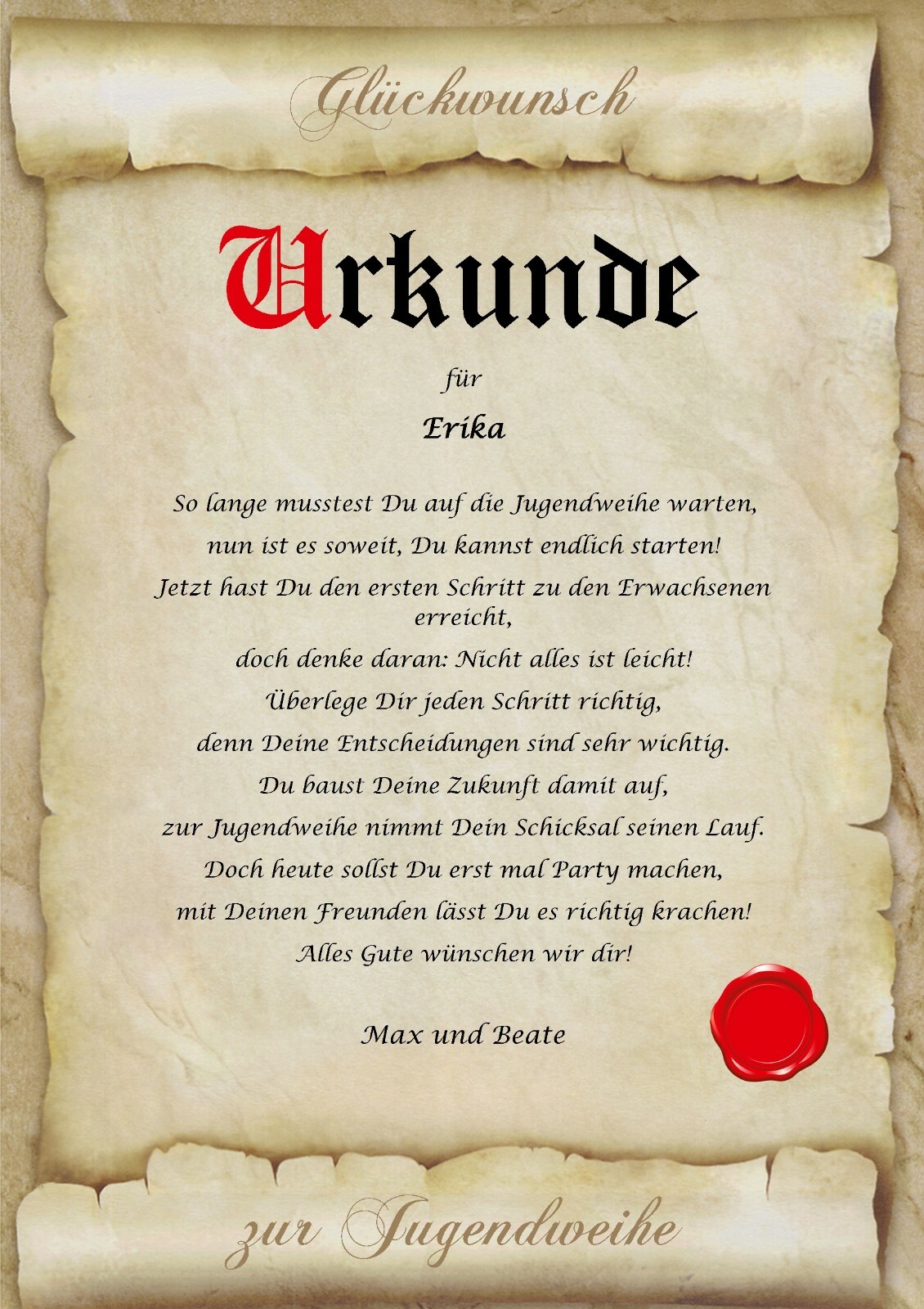 Urkunde personalisiert Geschenk Karte zur Jugendweihe