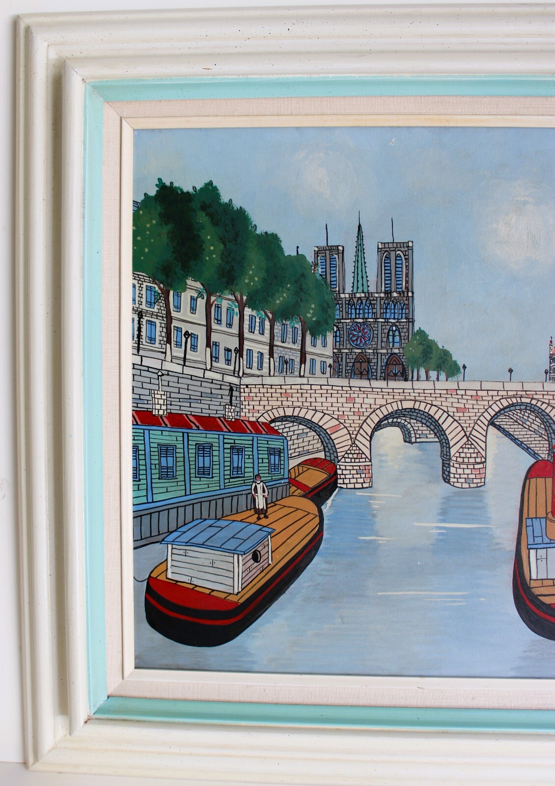 VINTAGE OIL PAINTING ON CARDBOARD SIGNED G BEPO PARIS  NOTRE DAME SEINE NAIF ART