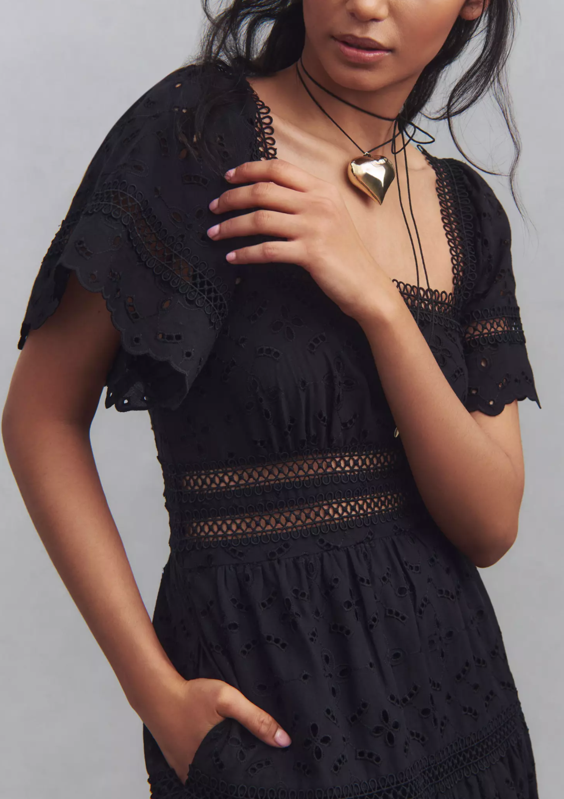Pre-owned Anthropologie The Violetta Square-neck Eyelet Black Midi Dress By Maeve