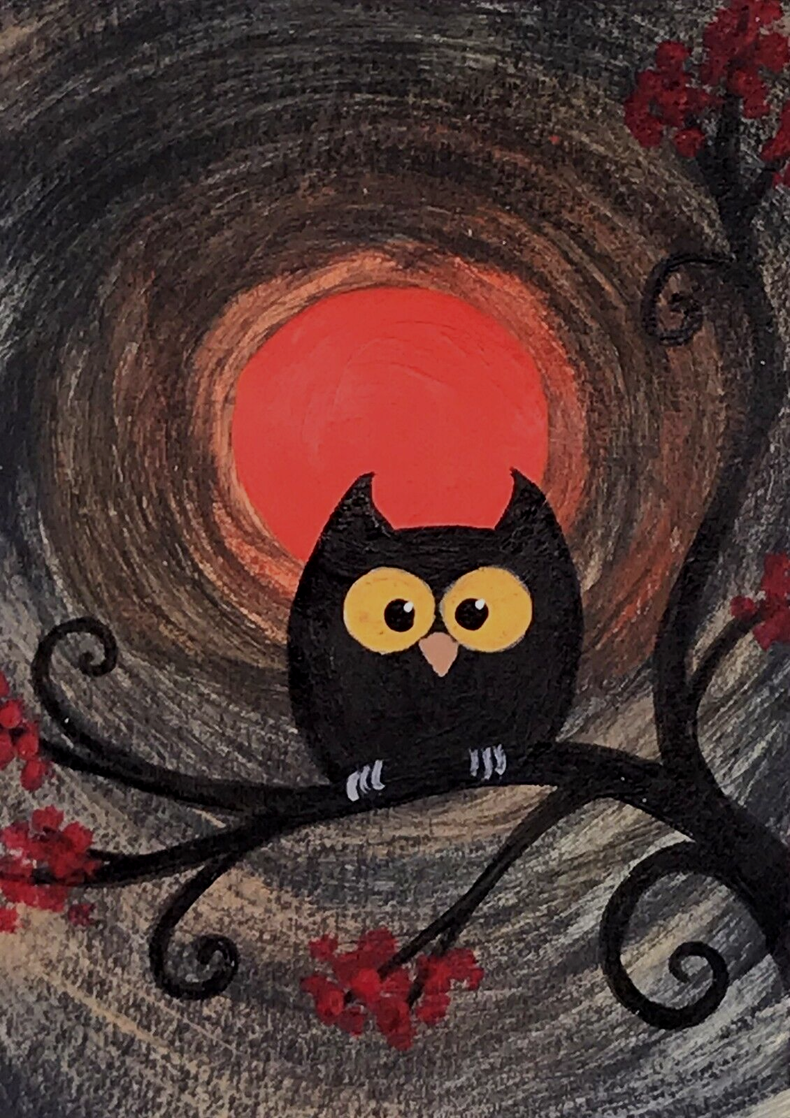 ACEO *Print* of Original Art Card Owl in Whimsical Tree & Red Moon by Saulite