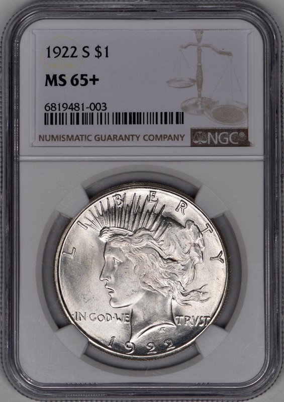1922-S Peace Silver Dollar $1 NGC MS65+ PLUS - VERY