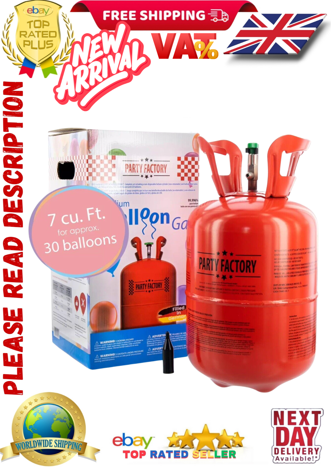 Party Factory Helium balloon gas for up to 30 balloons helium bottle 7 cu. gas