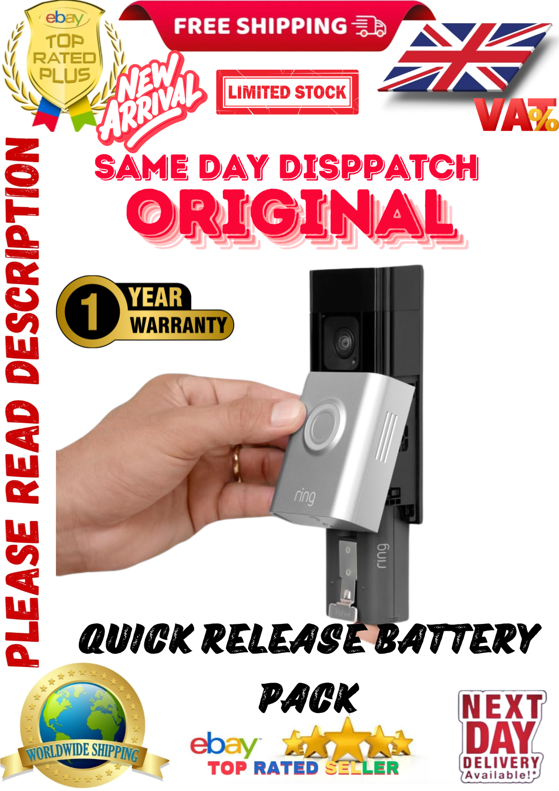 Ring Battery Video Doorbell Plus Camera 1536p Night Vision Head-To-Toe View Newe
