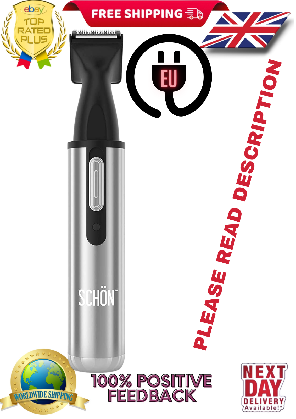 SCHON Stainless Steel Rechargeable 3-in-1 Eyebrow Ear Facial & Nose Hair Trim...