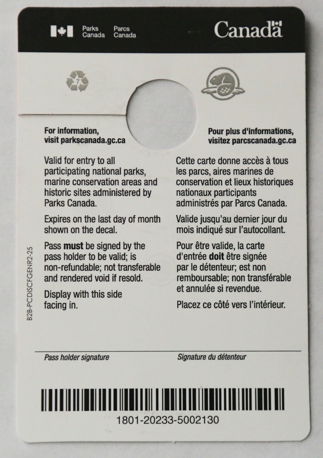 Parks Canada Pass EXPIRED Canada vehicle pass Beaver Banff Jasper Kootenay