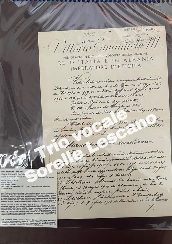 Atto Di Concessione Della Cittadinanza Italiana Al Trio Lescano