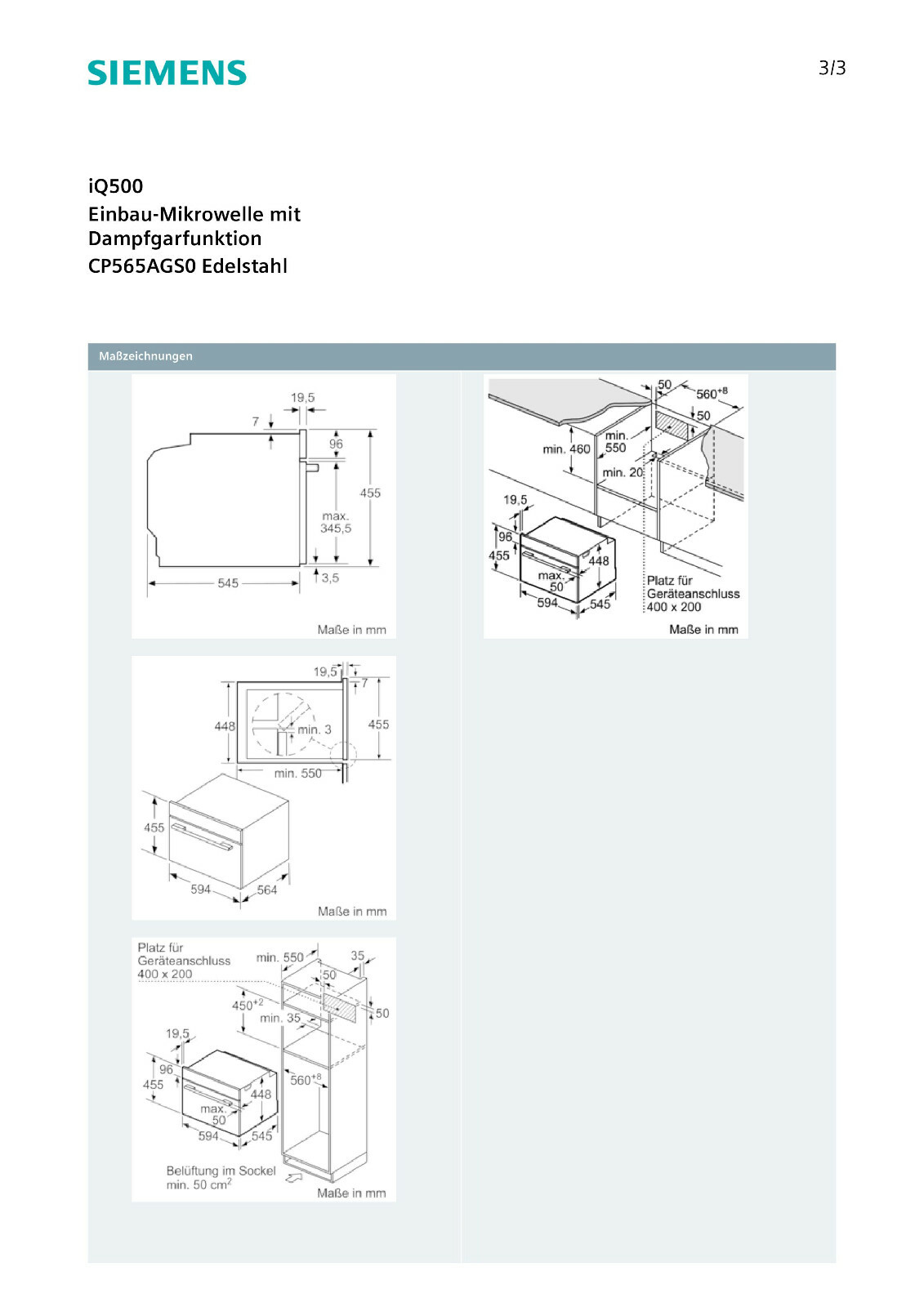 Siemens EinbauMikrowelle iQ500 CP565AGS0 Edelstahl Heißluft Dampffunktion