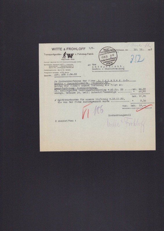 Berlin-HohenschÃNhausen, Rechnung 1933, Witte & Frohloff TransportgerÃ¤Te